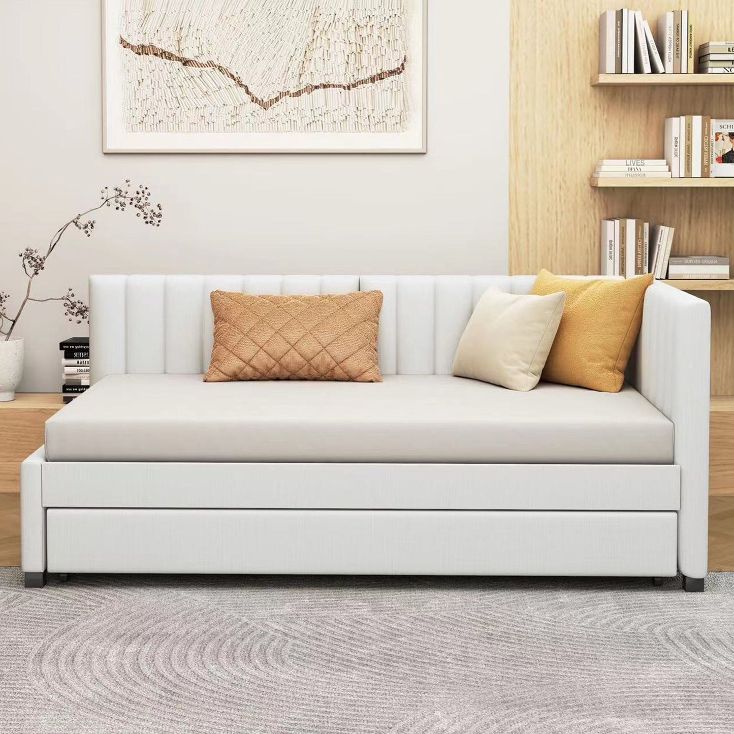 Twin Size Sofa Bed Upholstered Daybed With Trundle Frame No Box Spring Needed, Linen - Beige