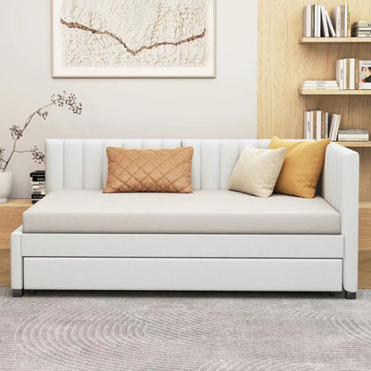Twin Size Sofa Bed Upholstered Daybed With Trundle Frame No Box Spring Needed, Linen - Beige