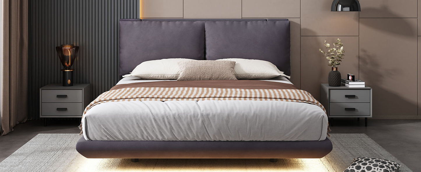 Queen Size Upholstered Platform Bed With Sensor Light And 2 Large Backrests, Stylish Platform Bed With 2 Sets Of USB Port And Socket On Each Rear Bed Leg - Gray