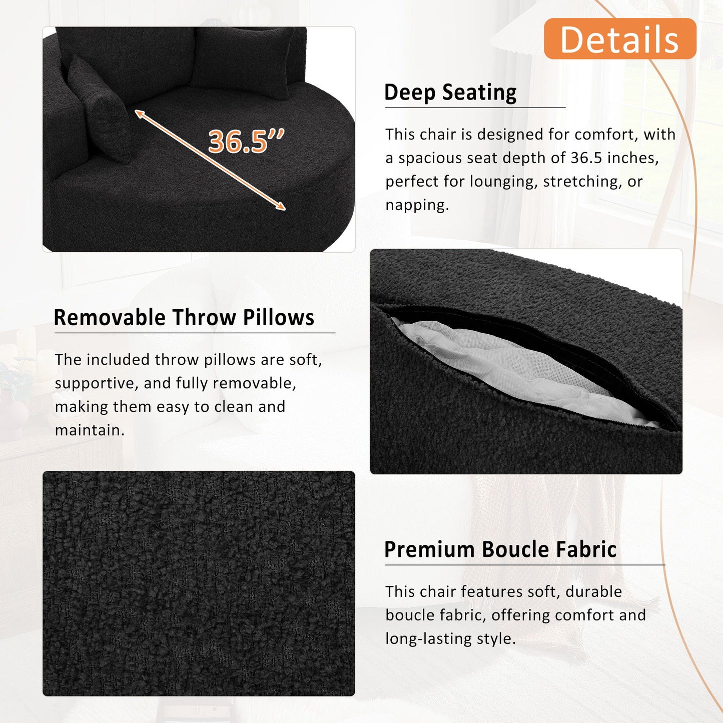 360 Degree Swivel Accent Barrel Chair With Removable Pillows - Black
