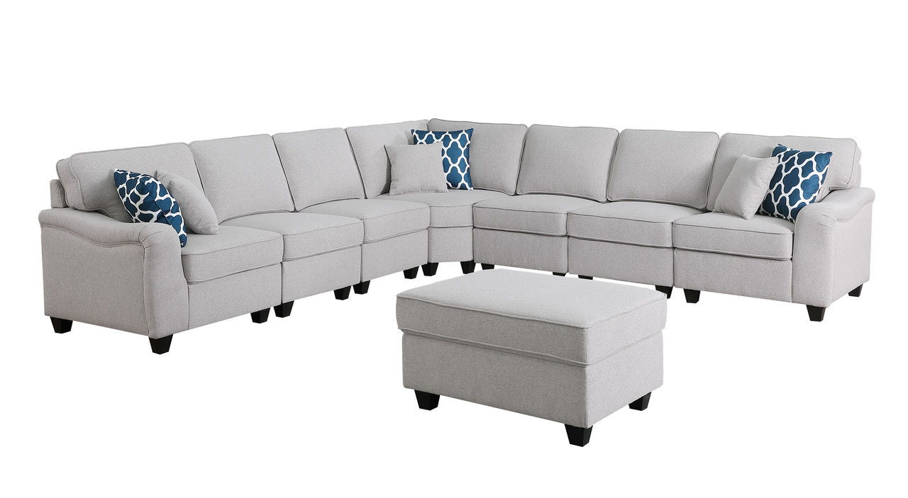 Leo - 8 Piece Modular L-Shape Sectional Sofa And Ottoman - Light Gray