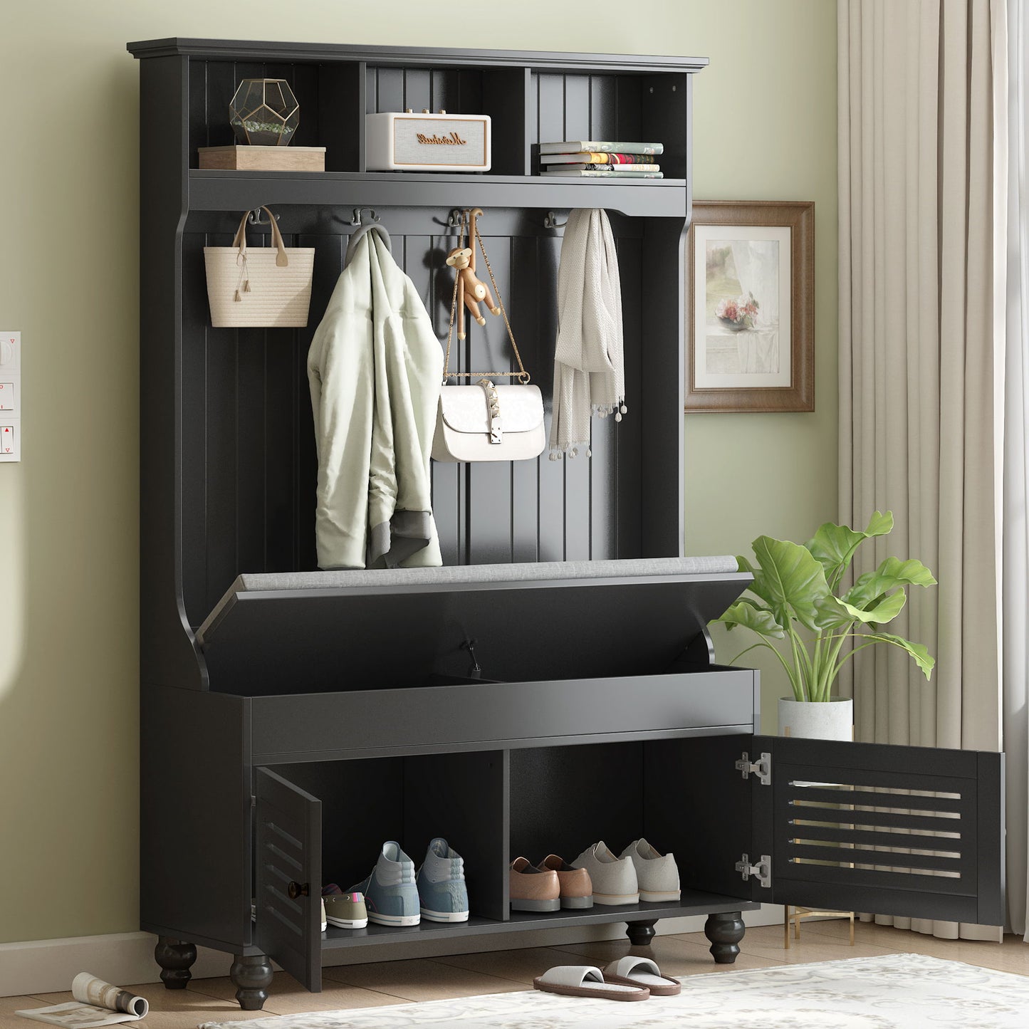 5 In 1 Entryway Bench With Shutter - Shaped Doors, Coat Rack, Cushion And 4 Sturdy Hooks, Wide Hall Tree With Storage Bench For Hallway, Entryway, Living Room - Black