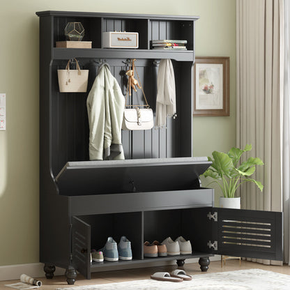 5 In 1 Entryway Bench With Shutter - Shaped Doors, Coat Rack, Cushion And 4 Sturdy Hooks, Wide Hall Tree With Storage Bench For Hallway, Entryway, Living Room - Black