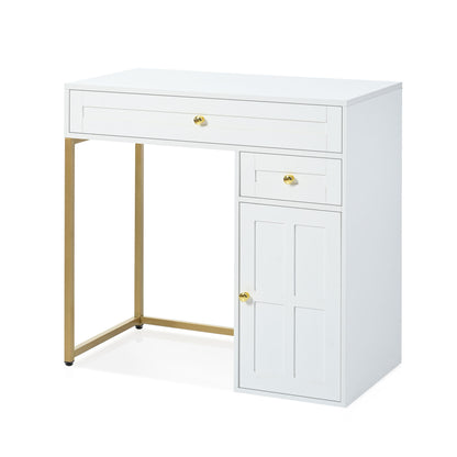 Makeup Vanity Desk With Lighted Mirror, Luxury Dressing Table With 2 Drawers And 1 Cabinet, 3 Lighting Modes Available For Bedroom - White / Gold
