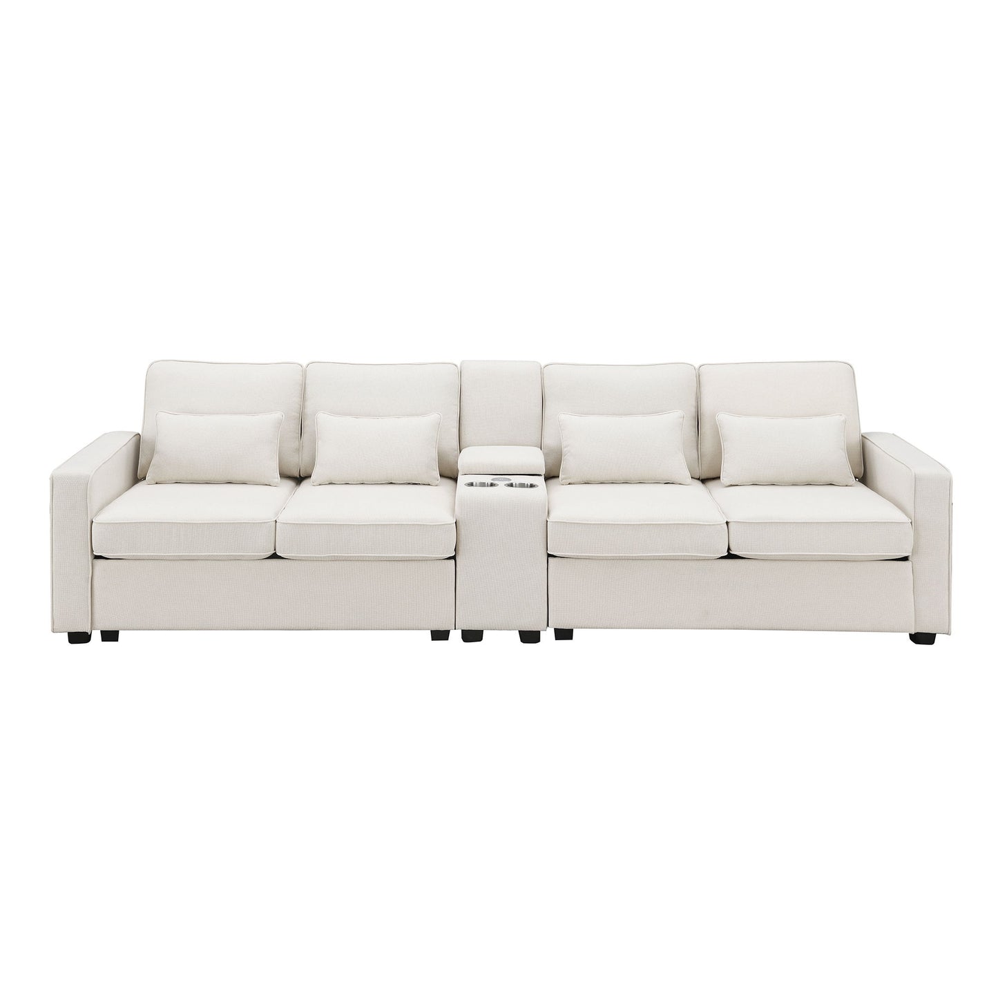 Upholstered Sofa With Console, 2 Cupholders And 2 USB Ports Wired Or Wirelessly Charged, Modern Linen Fabric Couches With 4 Pillows (4 Seat) - Beige
