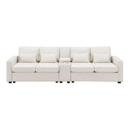 Upholstered Sofa With Console, 2 Cupholders And 2 USB Ports Wired Or Wirelessly Charged, Modern Linen Fabric Couches With 4 Pillows (4 Seat) - Beige
