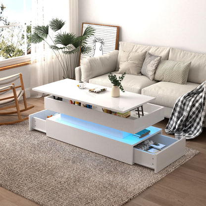 Contemporary Foldable Coffee Table With Drawers And LED White & Metal 3 Tier Design - White