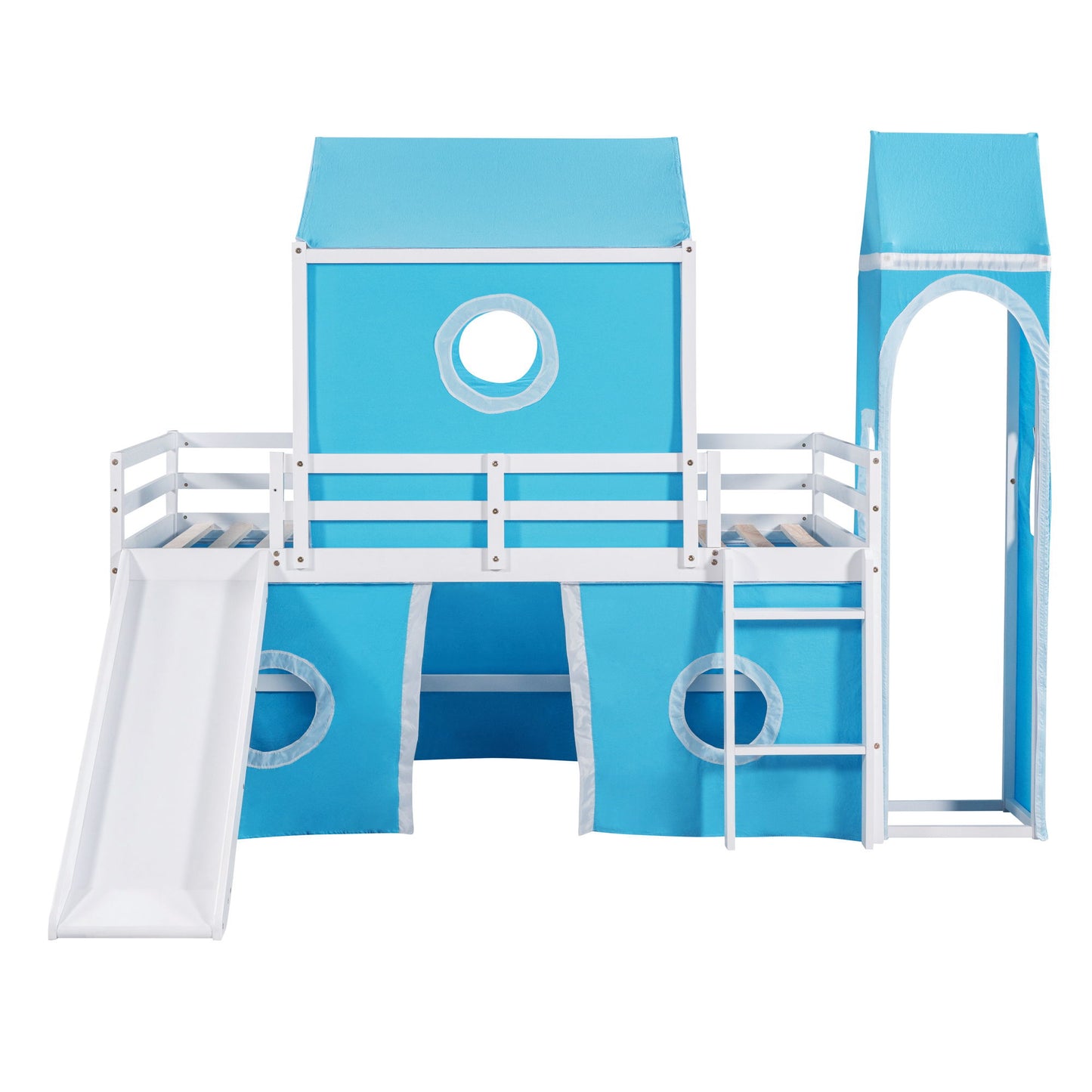 Twin Size Loft Bed With Slide Blue Tent And Tower - Blue