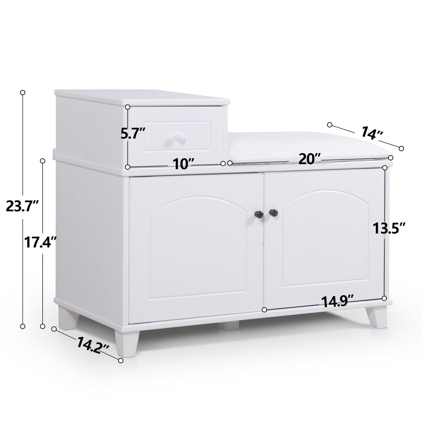 Shoe Storage Bench Cabinet With Fireproof Cushion, Double Doors And Movable Drawer For Door Entrance - White