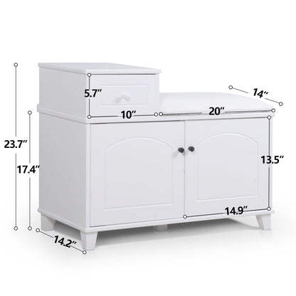 Shoe Storage Bench Cabinet With Fireproof Cushion, Double Doors And Movable Drawer For Door Entrance - White