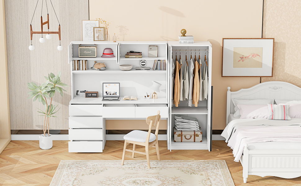 2 Door Storage Desk Wardrobe For Bedroom With Shelves And Drawers - White