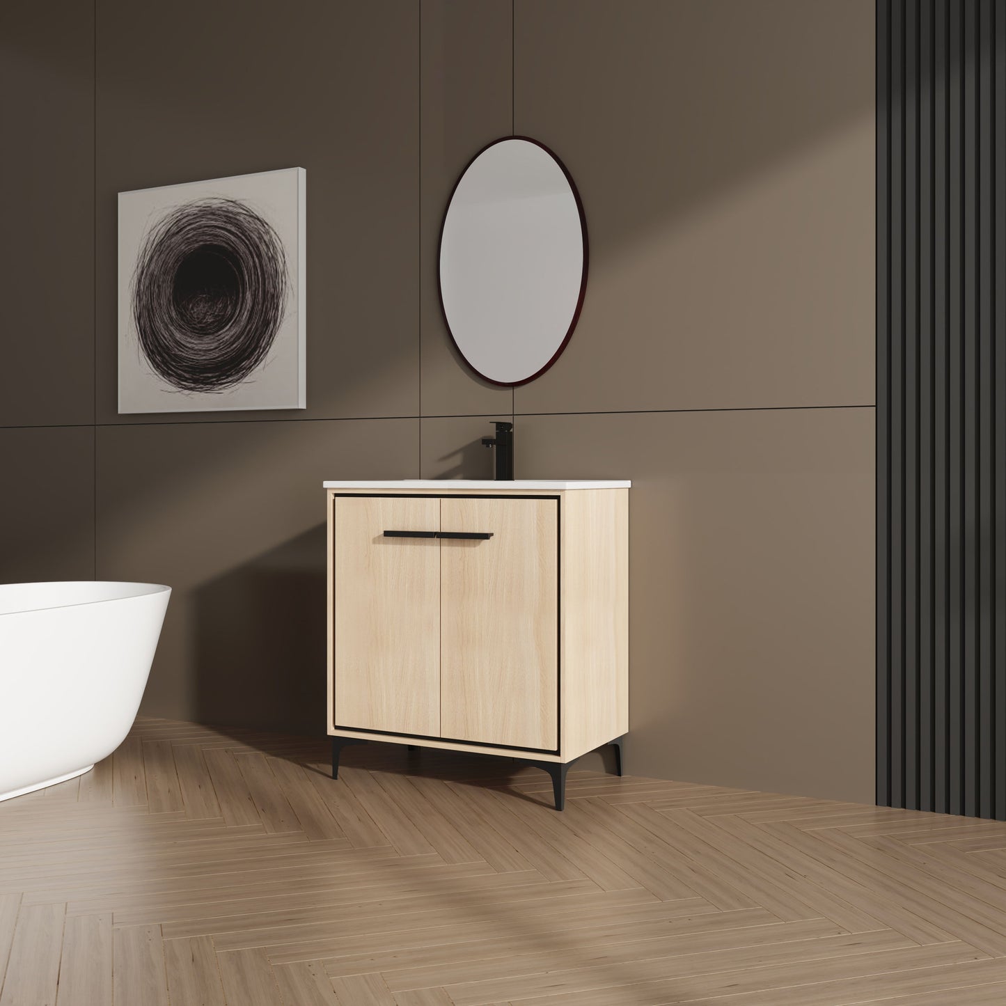 30" Bathroom Vanity Base With Basin And Storage Cabinet - Oak