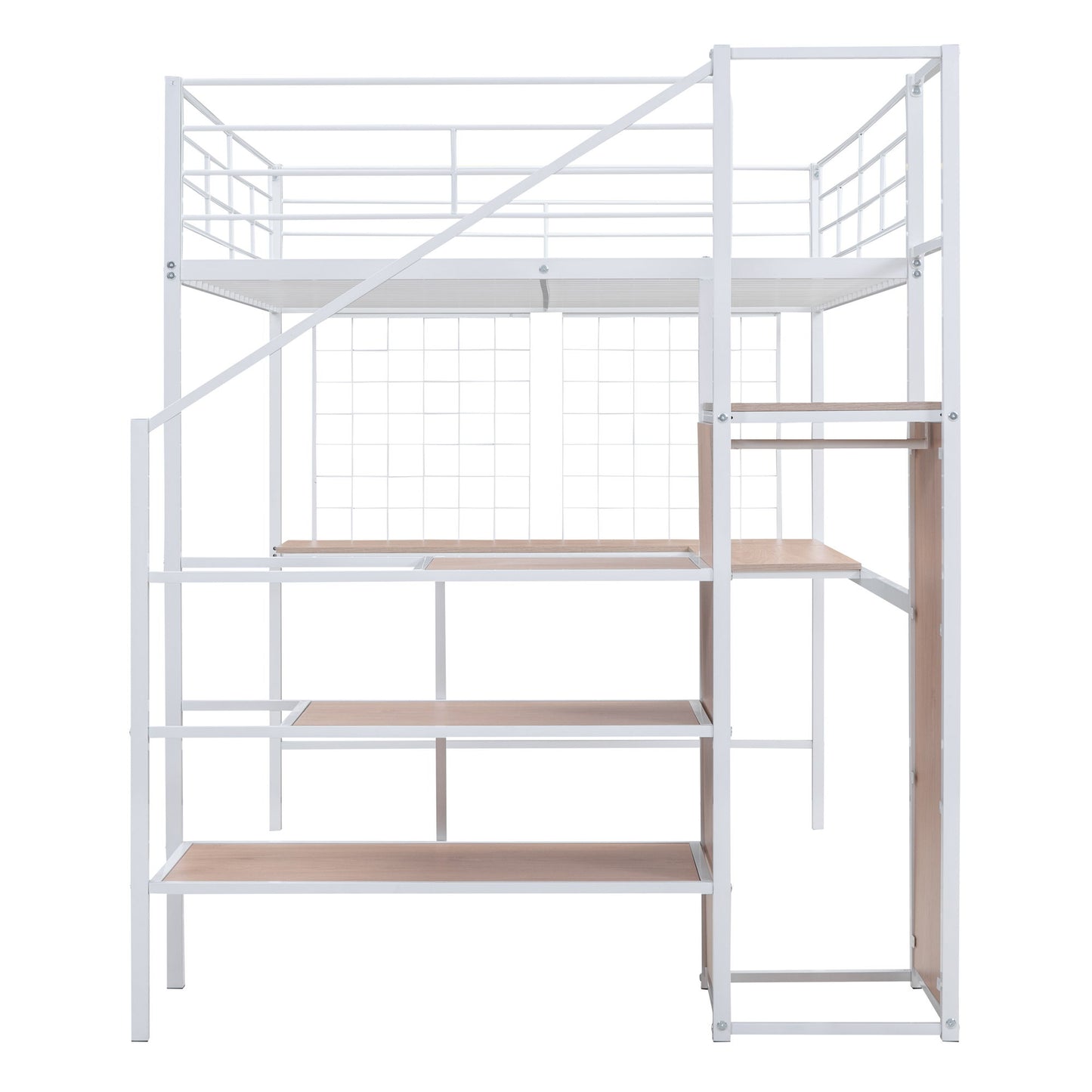 Full Size Loft Bed With Desk And Grid, Stylish Frame With Lateral Storage Ladder And Wardrobe - White