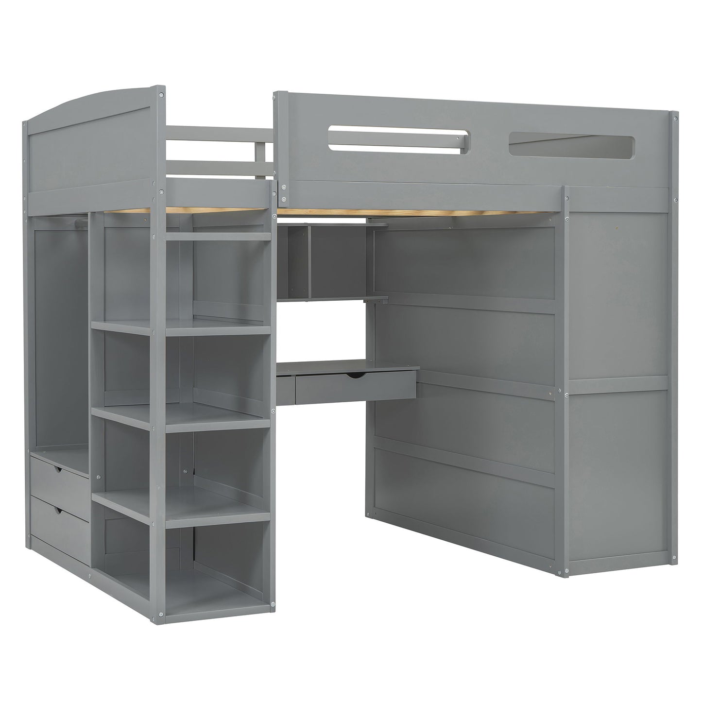 Full Size Loft Bed With Desk, Wardrobes, 4 Drawers And 4 Shelves - Gray