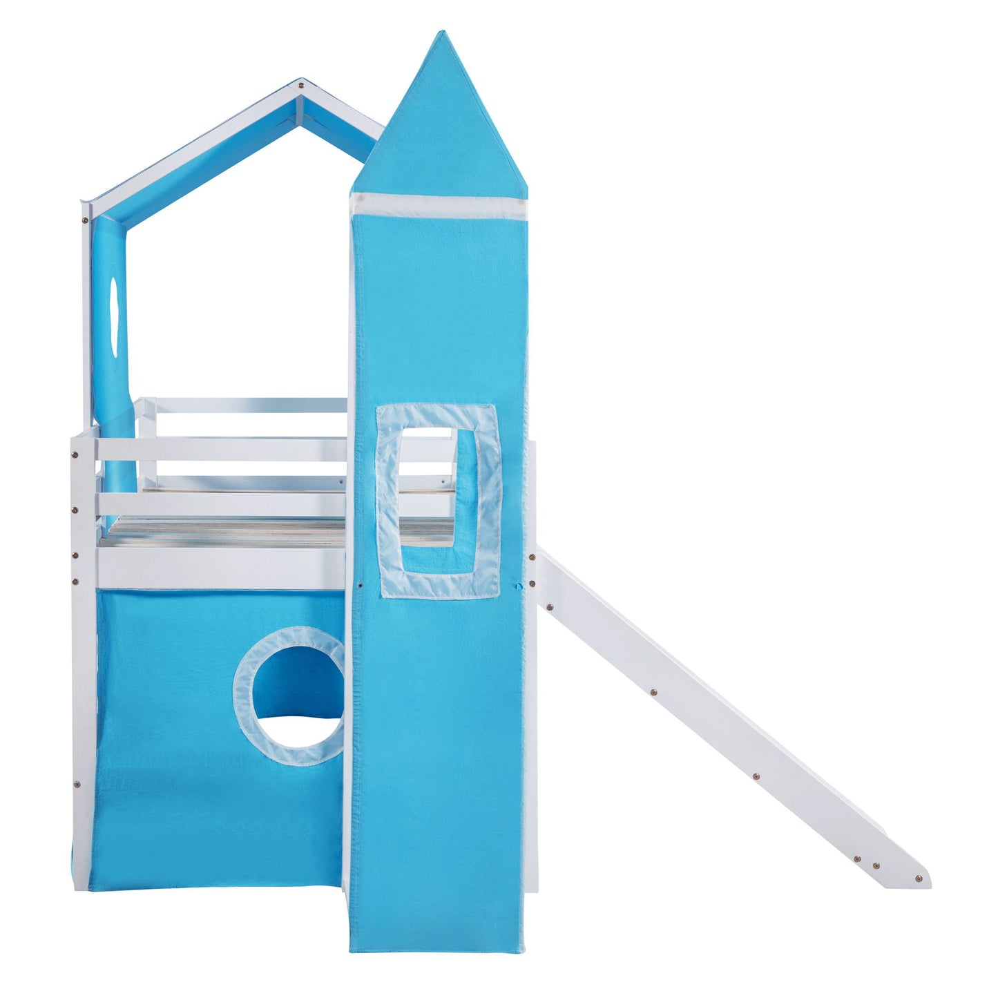 Twin Size Loft Bed With Slide Blue Tent And Tower - Blue