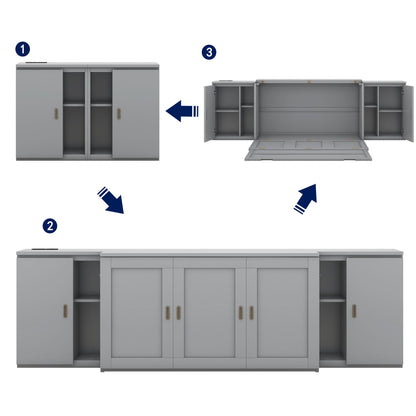 Queen Size Murphy Bed With Shelves, Cabinets And USB Ports - Gray