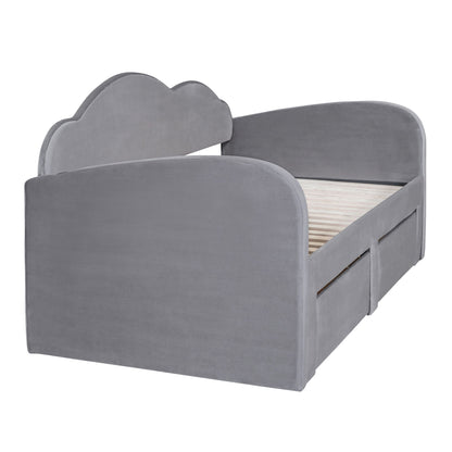 Twin Size Upholstered Daybed With Cloud-Shaped Backrest, Trundle & 2 Drawers And USB Ports - Gray