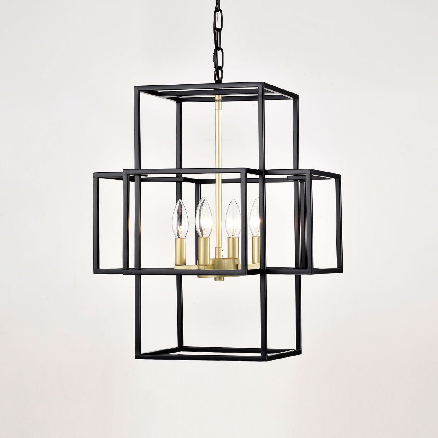 4 Light Metal Lantern Tiered Pendant Hanging Light Fixtures, Industrial Farmhouse Adjustable Height Chandeliers For Dining Room Hallway Foyer Entryway (E12 Bulbs Not Included) - Matte Black / Gold