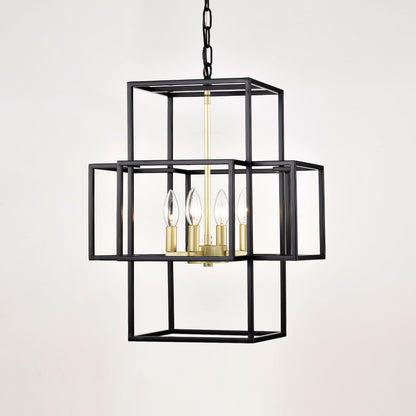 4 Light Metal Lantern Tiered Pendant Hanging Light Fixtures, Industrial Farmhouse Adjustable Height Chandeliers For Dining Room Hallway Foyer Entryway (E12 Bulbs Not Included) - Matte Black / Gold