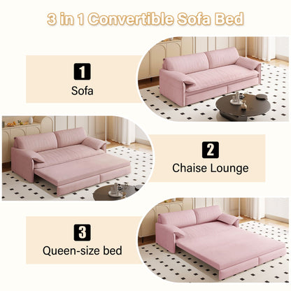 Queen Pull Out Sofa Bed, 3 In 1 Convertible Sleeper Sofa With Side Storage Multifunctional Velvet Loveseat Bed For Living Room - Pink