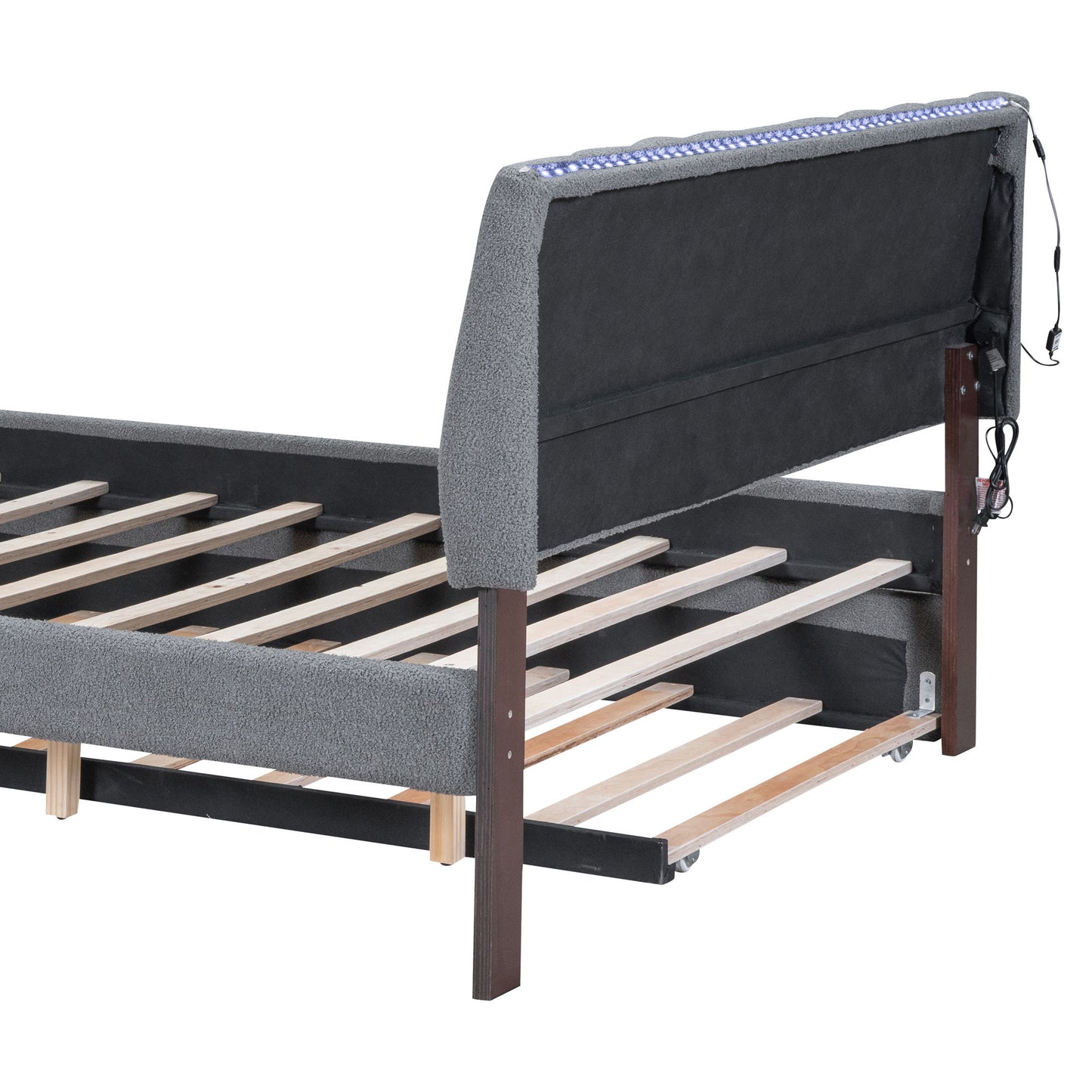 Queen Size Upholstered Platform Bed With Twin Long Trundle - Gray