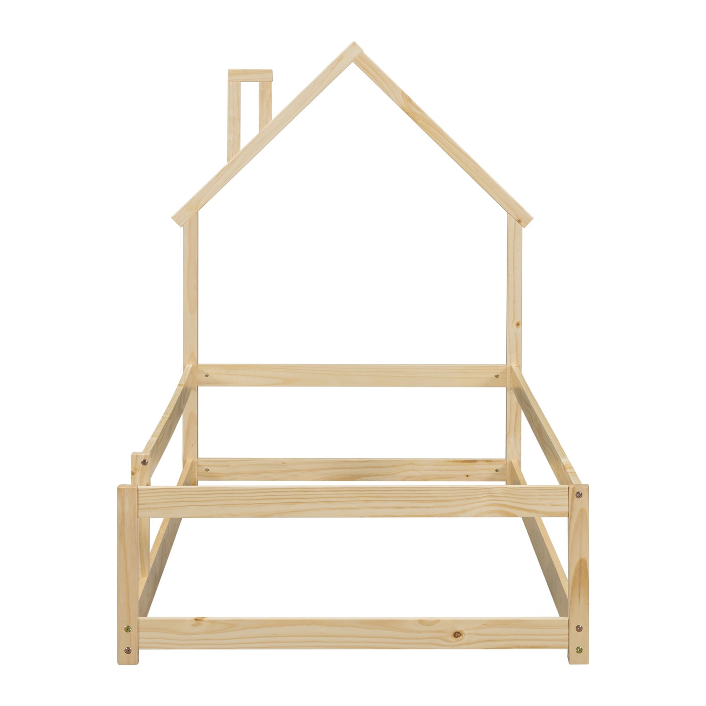 Twin Size Wood Bed With House Shaped Headboard Floor Bed With Fences - Natural