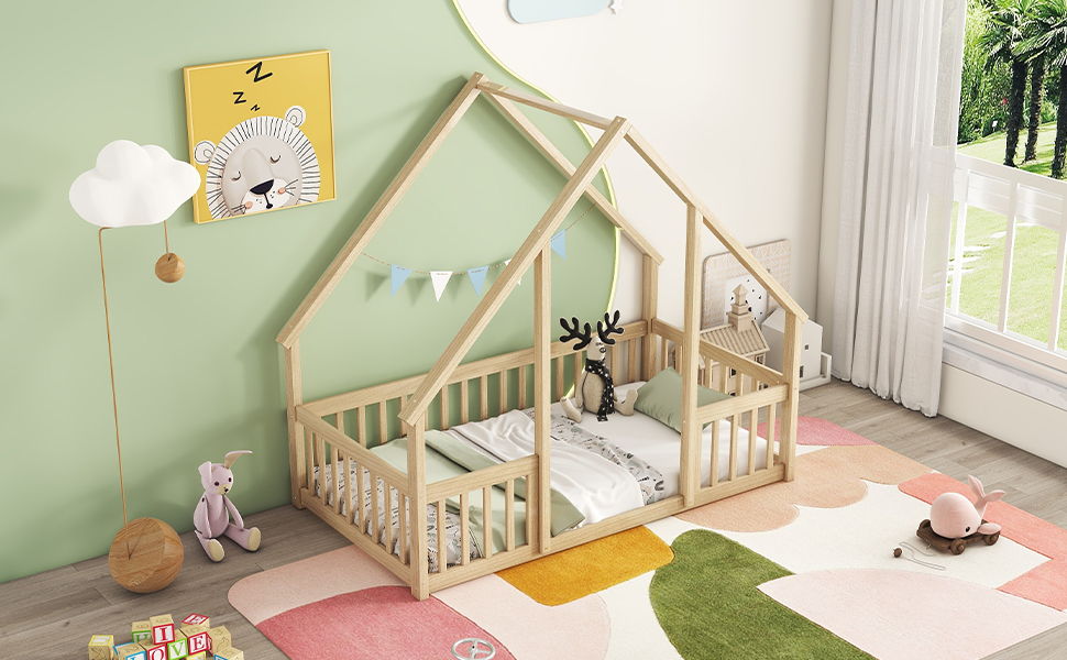 Twin Wood House-Shaped Floor Bed With Fence, Guardrails - Natural