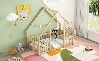 Twin Wood House-Shaped Floor Bed With Fence, Guardrails - Natural