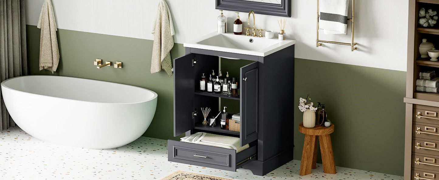 Bathroom Vanity With Ceramic Sink Combo, Modern Freestanding Storage Cabinet With Silver Handles, Soft Closing Doors - Blue Gray