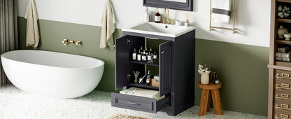 Bathroom Vanity With Ceramic Sink Combo, Modern Freestanding Storage Cabinet With Silver Handles, Soft Closing Doors - Blue Gray