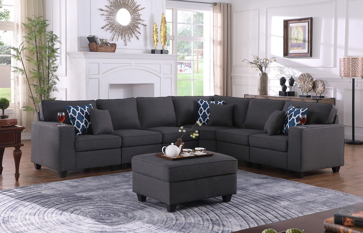 Cooper - 7 Piece Reversible L-Shape Sectional Sofa & Comfort Ottoman And Cupholder - Dark Gray