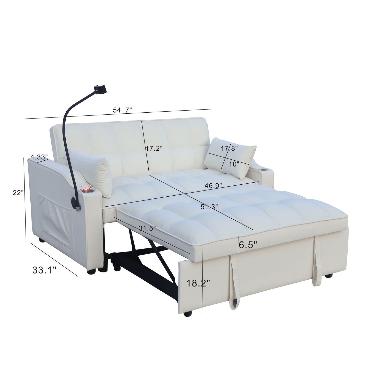 Modern Velvet Loveseat Futon Sofa Couch With Pullout Bed, Adjustable Reclining Backrest - Beige