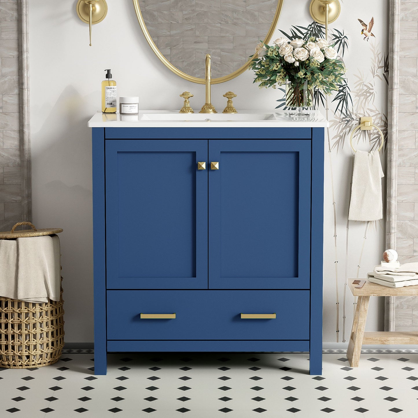 Bathroom Vanity With Single Sink, Combo Cabinet Undermount Sink, Bathroom Storage Cabinet With 2 Doors And A Drawer, Soft Closing, Multifunctional Storage, Solid Wood Frame - Blue