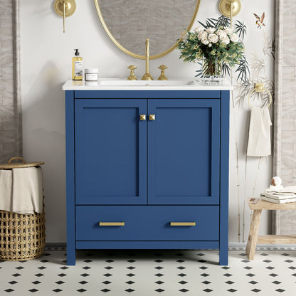Bathroom Vanity With Single Sink, Combo Cabinet Undermount Sink, Bathroom Storage Cabinet With 2 Doors And A Drawer, Soft Closing, Multifunctional Storage, Solid Wood Frame - Blue