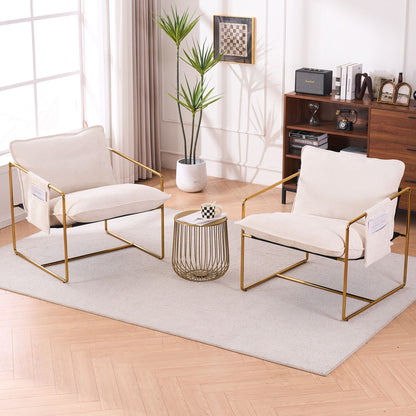 Upholstered Hanging Armchair With Arm Pocketsmetal Frame, Gold-Plated Craftsmanship, Crushed Foam Cushions And Skin-Friendly Woven Fabric For Living Room (Set of 2) - Beige