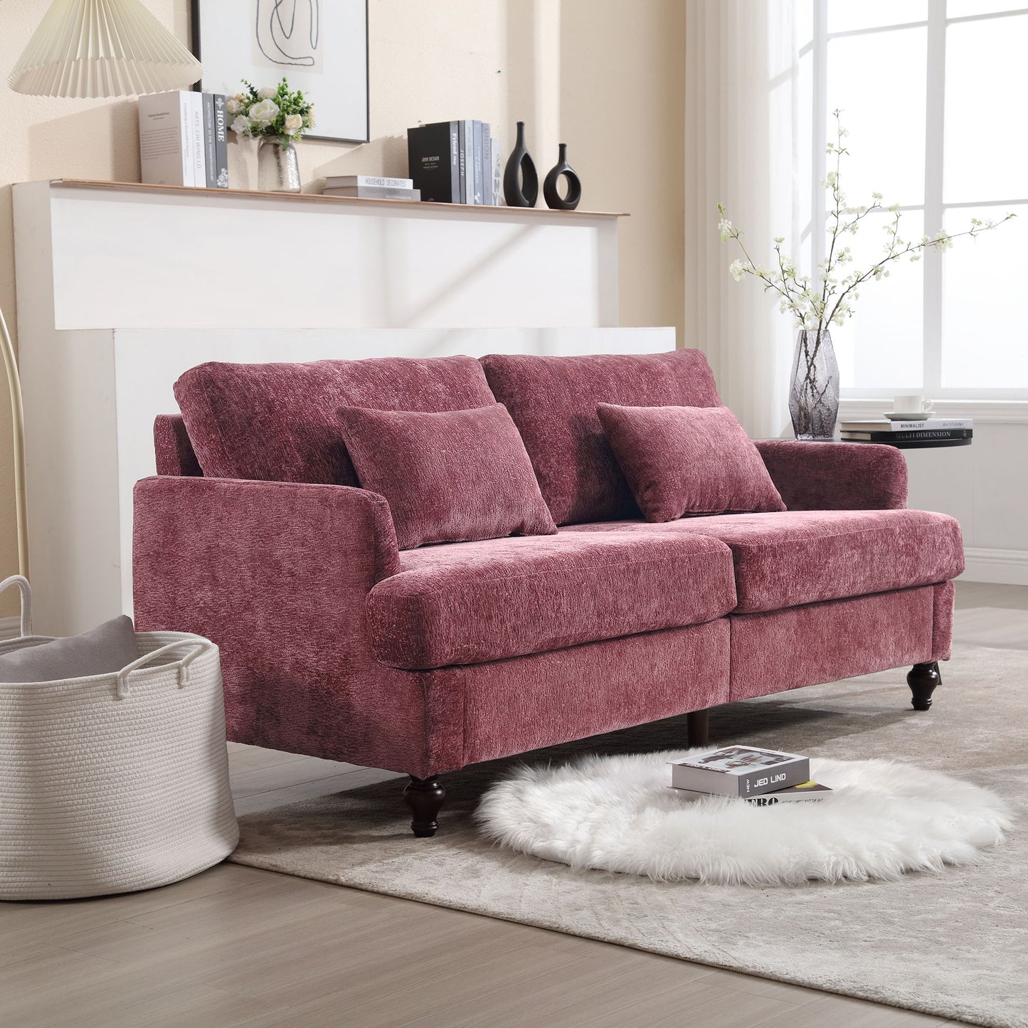 Mid Century Modern Chenille Fabric Loveseat Sofa, 2 Seat Upholstered Couch With Wood Feet - Wine Red