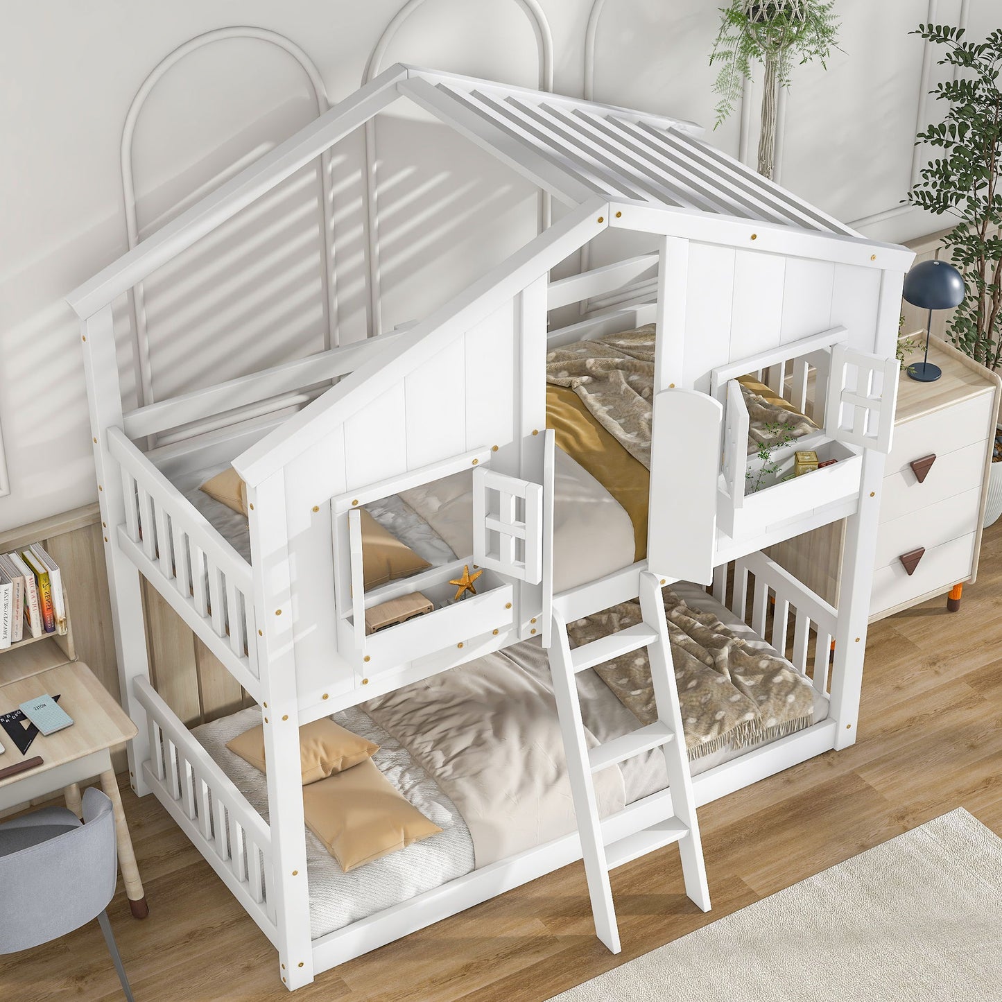 Twin Over Twin House Bunk Bed With Roof, Window, Window Box, Door, With Safety Guardrails And Ladder - White