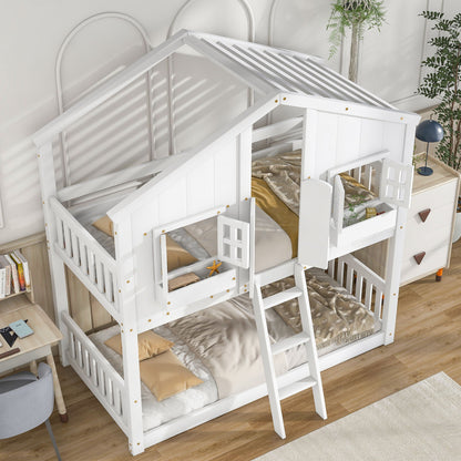 Twin Over Twin House Bunk Bed With Roof, Window, Window Box, Door, With Safety Guardrails And Ladder - White