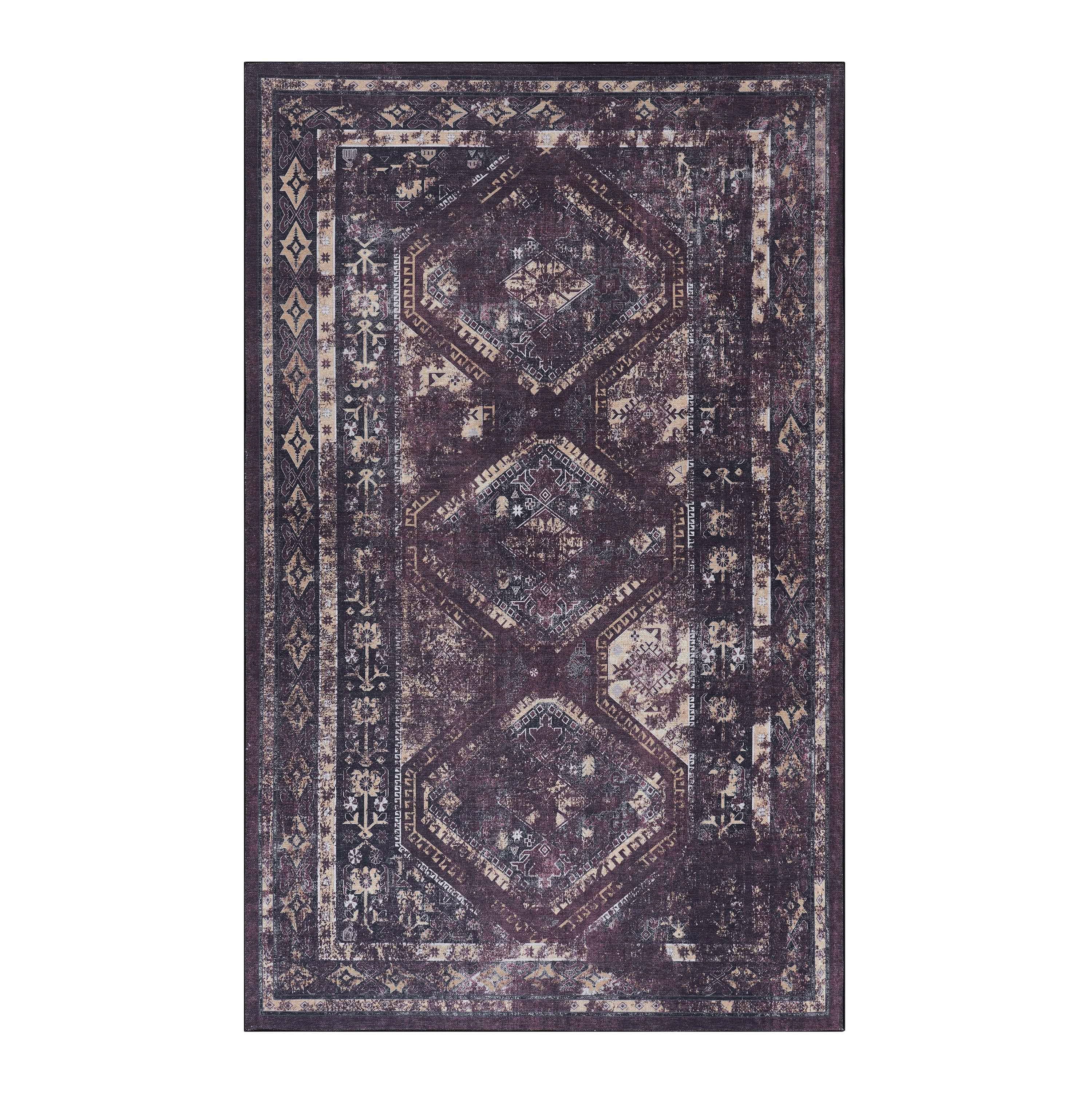 Maval - 3' X 5' Washable Area Rug - Black / Burgundy