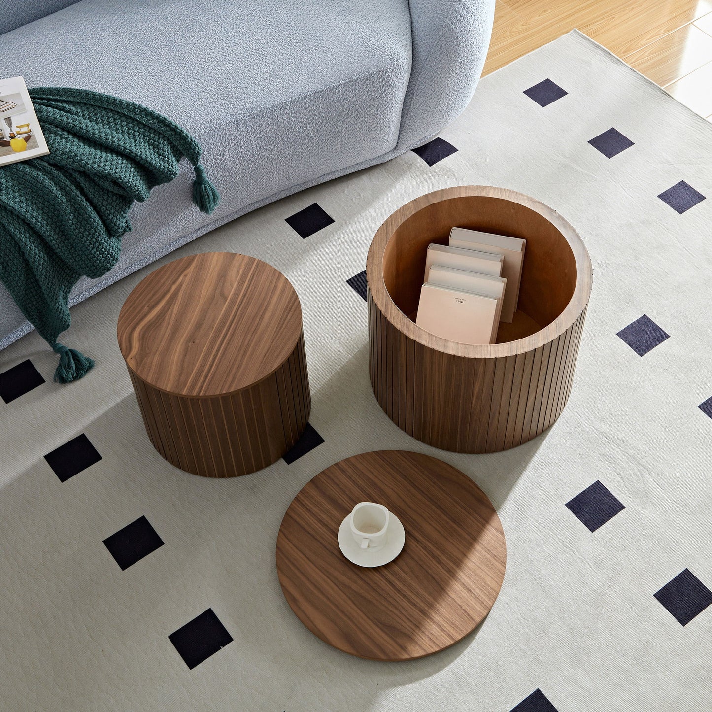 Handcrafted Nested Table Set 2 Pieces, Round Coffee Table - Walnut Color