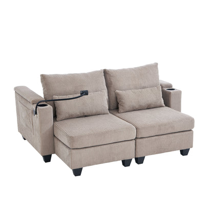 Convertible Chaise Lounge Loveseat Sofa Bed With USB Ports, Cup Holders, Phone Holder, Storage - Brown