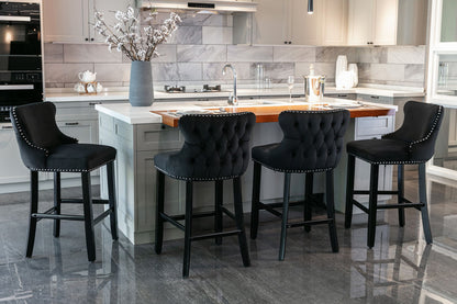 Contemporary Velvet Upholstered Wing-Back Barstools With Button Tufted Decoration And Wooden Legs, And Chrome Nailhead Trim, Leisure Style Bar Chairs, Bar Stools (Set of 4) - Black