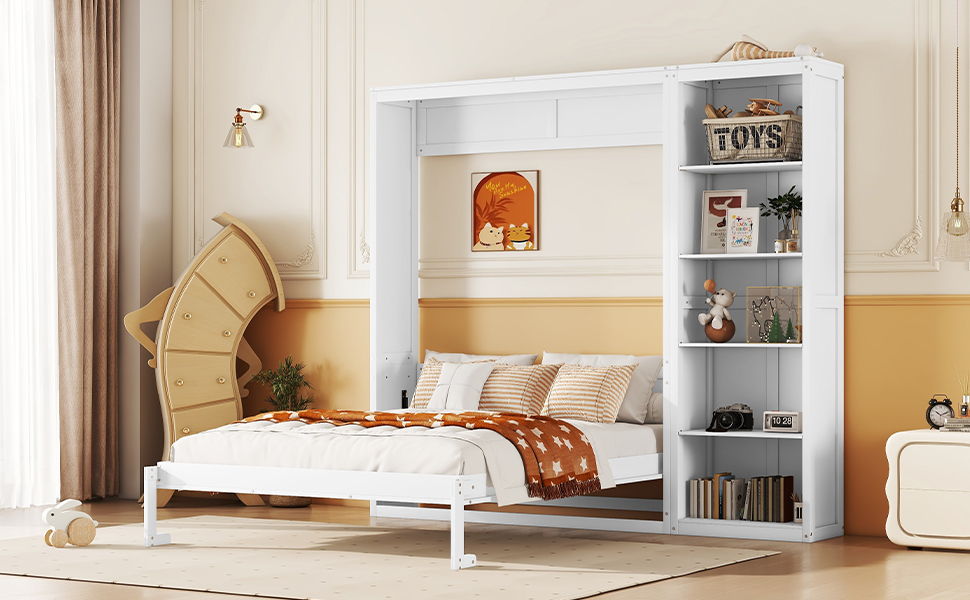Full Size Murphy Wall Bed With Shelves - White