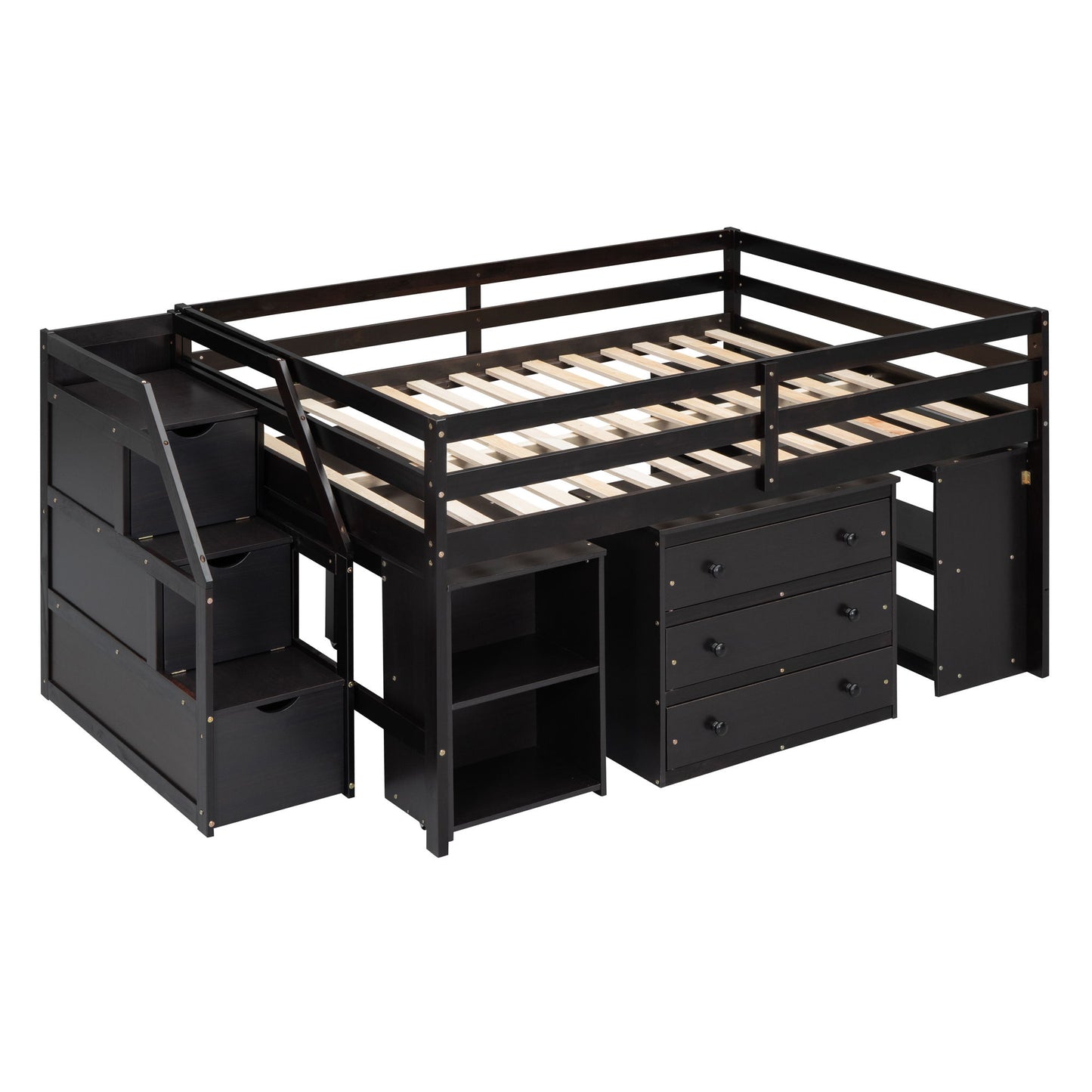 Full Size Loft Bed With Retractable Writing Desk And 3 Drawers With Storage Stairs And Shelves - Espresso