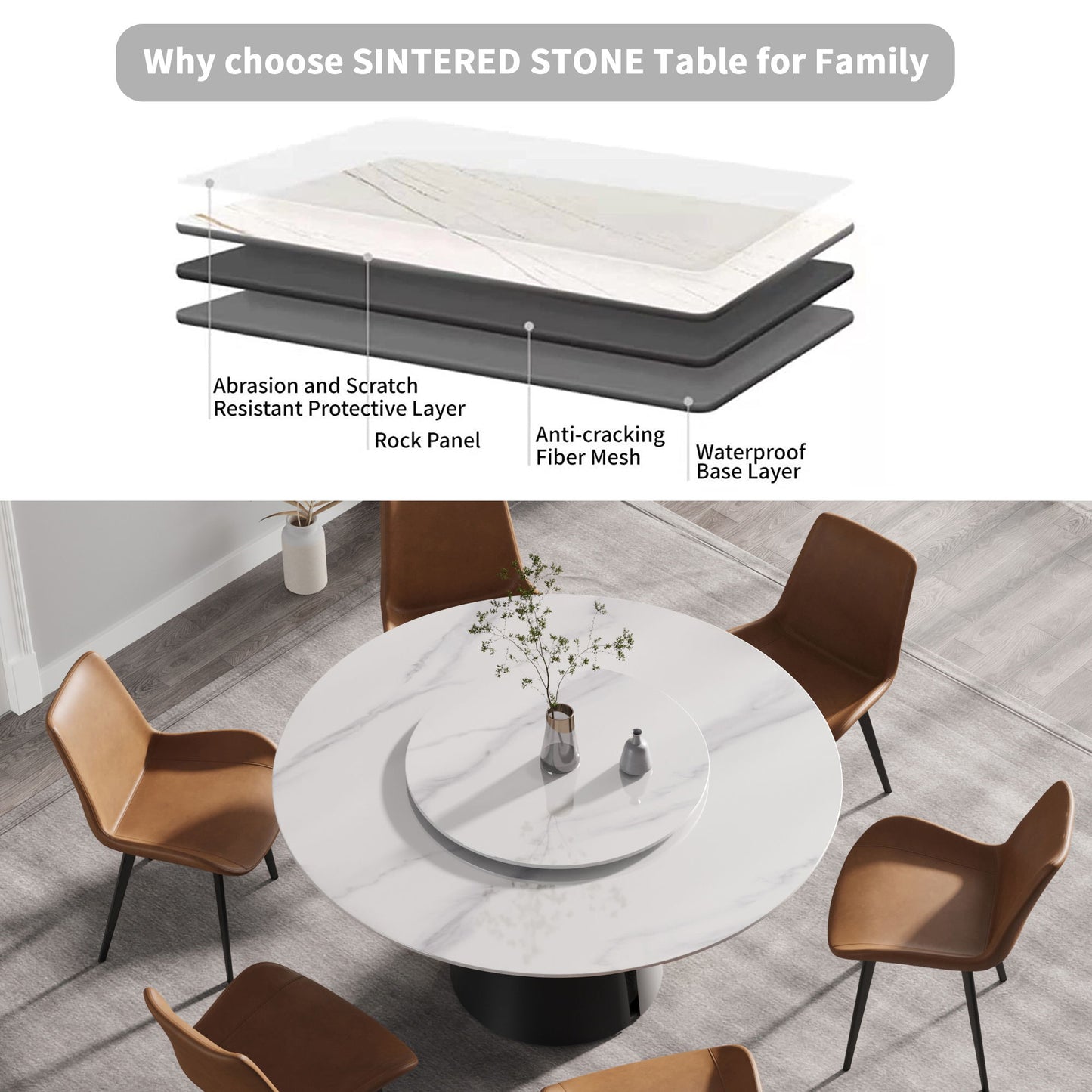 59.05" Modern Artificial Stone Round Carbon Steel Base Dining Table, Can Accommodate 6 People, White Artificial Stone Turntable - White / Black