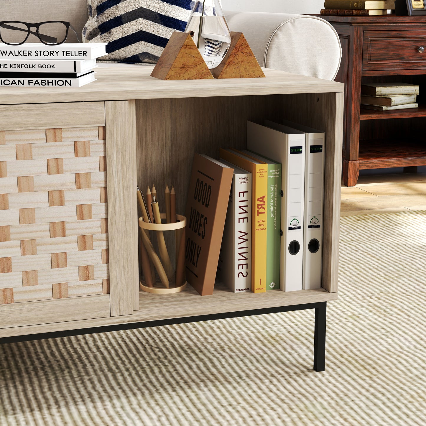 Elegant Veener Weaving Design Coffee Table With 4 Sliding Doors - Natural Wood
