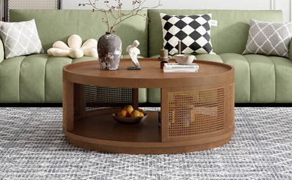 Wooden Mid-Century Modern Coffee Table, Round Cane Coffee Table With Side For Living Room - Brown