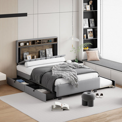Full Size Upholstered Platform Bed With Storage Headboard, Twin Size Trundle & 2 Drawers And A Set Of Sockets & USB Ports - Gray