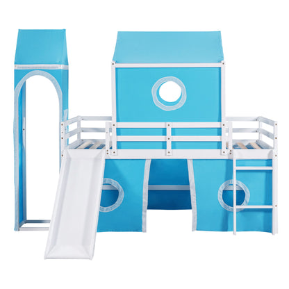 Twin Size Loft Bed With Slide Blue Tent And Tower - Blue