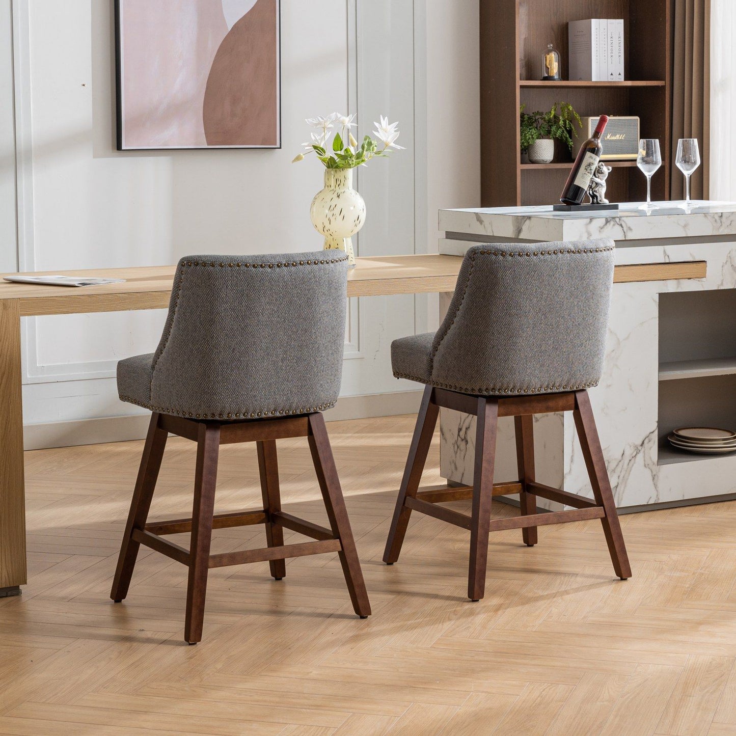 Counter Height Swivel Barstools, 26'' H Seat Height Upholstered Bar Stools (Set of 2), Fabric - Gray